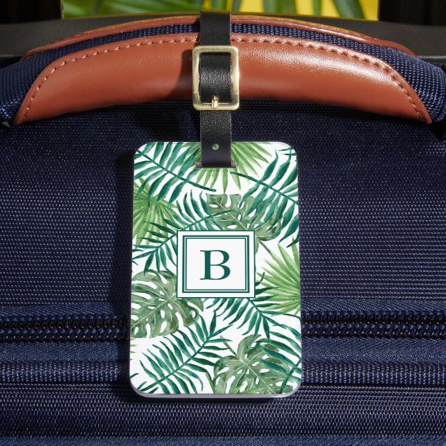 Étiquette À Bagage Feuilles de palmier vert moderne Monogramme (Insitu Rectoal 2)