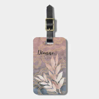 Étiquette À Bagage Feuilles de rose doré sur des vagues roses/bleues/