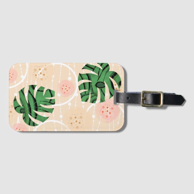 Étiquette À Bagage feuilles, monstres, rose, vert, tropical, palmier, (Devant Horizontal)