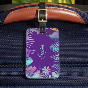Étiquette À Bagage Feuilles tropicales iridescentes, nom sarcelle sur