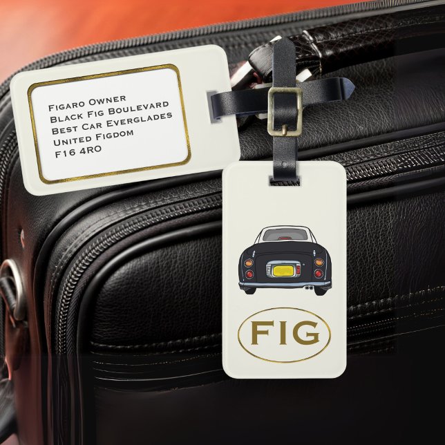 Étiquette À Bagage Figarations Monogramme Noir Figaro Voiture Bagage  (Fun black figgy luggage tag for your road trip adventures. Just add your initials & address details)