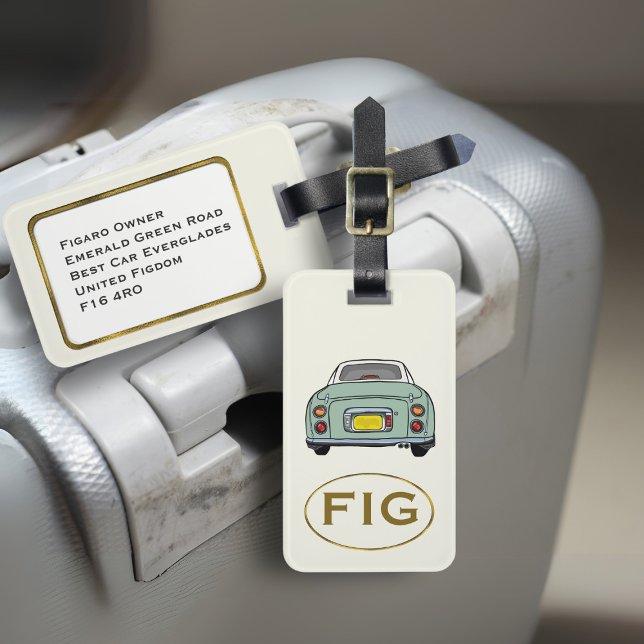 Étiquette À Bagage Figarations Monogramme Vert Figaro Voiture Bagage  (Fun green figgy luggage tag for your road trip adventures. Just add your initials & address details)