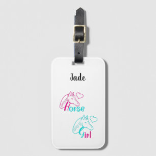 Étiquette À Bagage Fille au Cheval en Rose et Turquoise