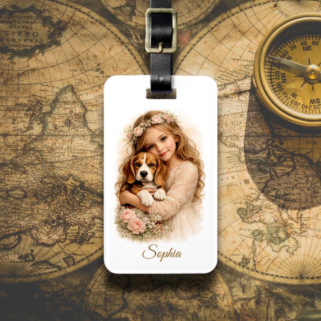 Étiquette À Bagage Fille avec chiot Beagle (Créateur téléchargé)