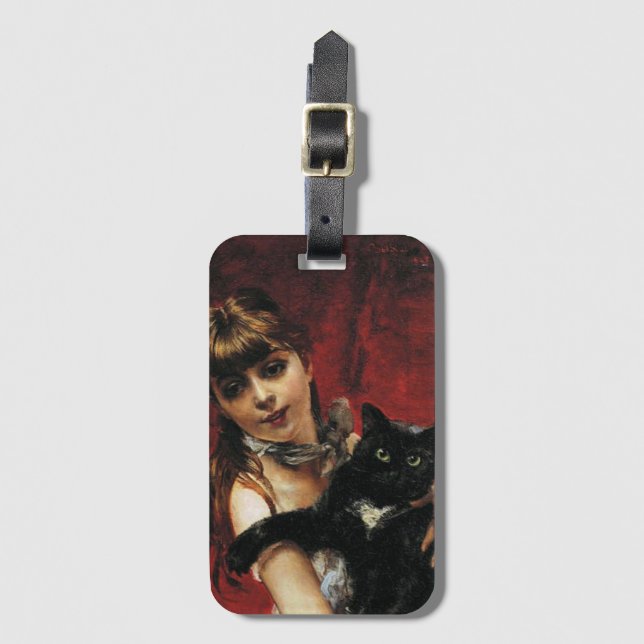 Étiquette À Bagage Fille avec un chat noir dans les bras (Devant Vertical)