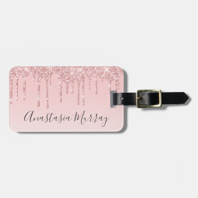 Étiquette À Bagage Fille Blush Rose Doré Paillettes Nom (Devant horizontal)