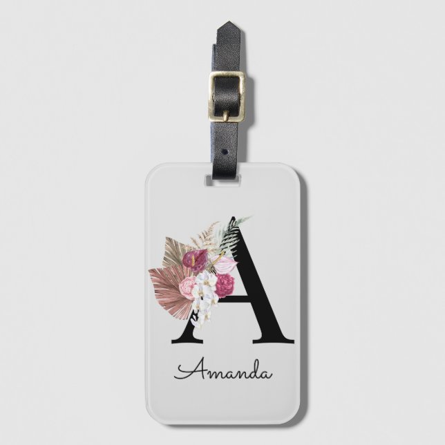 Étiquette À Bagage Fille Boho rose moderne Floral Initiale A (Devant Vertical)