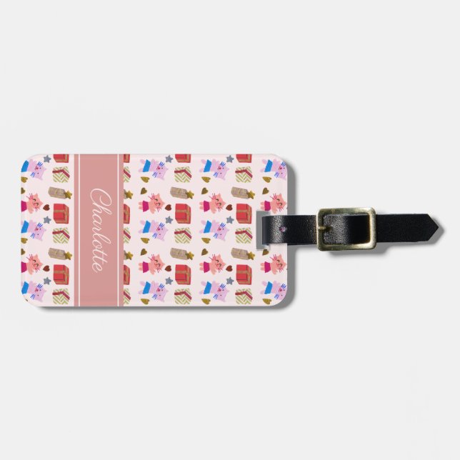 Étiquette À Bagage Fille Chats et Cadeaux Motif Blush Rose Voyage (Devant horizontal)