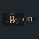 Étiquette À Bagage Fille Elegant Noir Nom Monogramme Script<br><div class="desc">Fille,  minimaliste,  simple,  moderne,  noir et or monogramme nom initial script personnalisé monogrammed bagage tag. Doté d'une initiale monogramme et d'un script de signature de nom de poutre dans une police calligraphique manuscrite avec des queues d'échange et un cadre en cercle pointillé autour de votre monogramme.</div>