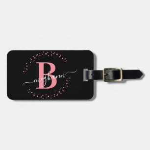 Étiquette À Bagage Fille Elegant Noir rose Nom Monogramme Script Lugg