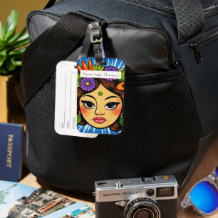 Étiquette À Bagage Fille élégante monogramme pop art avec fleur Bleu