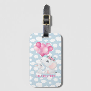 Étiquette À Bagage Fille Eléphant et lapin avec Fleurs et Balloon