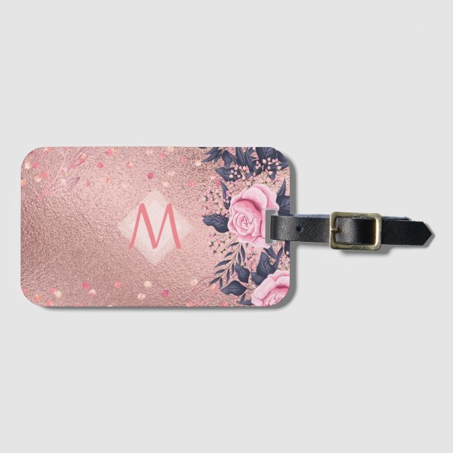Étiquette À Bagage Fille jamais ROSEGOLD Bleu rose Floral MONOGRAS (Devant Horizontal)