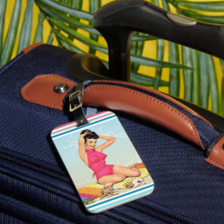 Étiquette À Bagage Fille modèle pin up de plage vintage 50s Art
