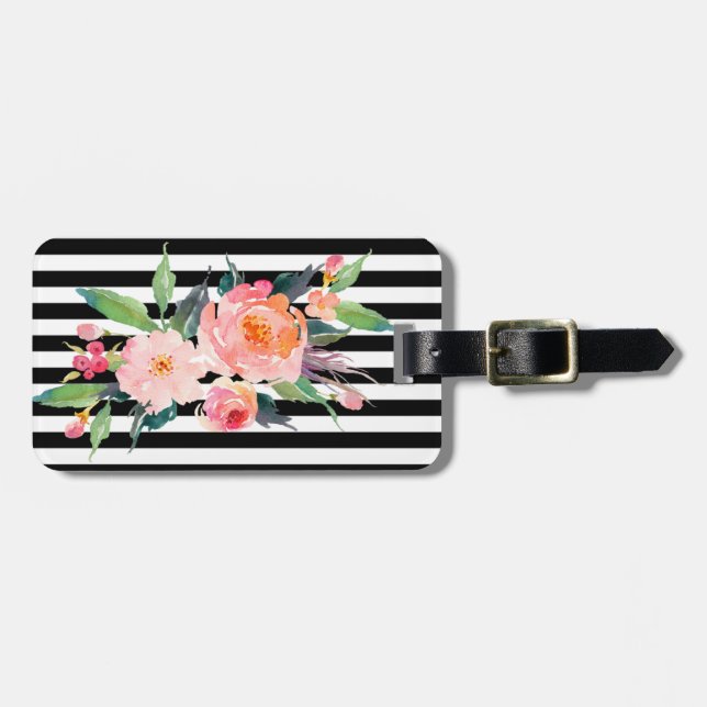 Étiquette À Bagage Fille Moderne Fleurs Chic, Blancs Noirs (Devant horizontal)