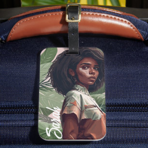 Étiquette À Bagage Fille noire afro minimaliste avec feuilles tropica