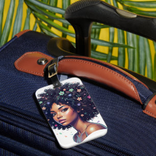 Étiquette À Bagage Fille noire fantaisiste avec afro orné de fleurs