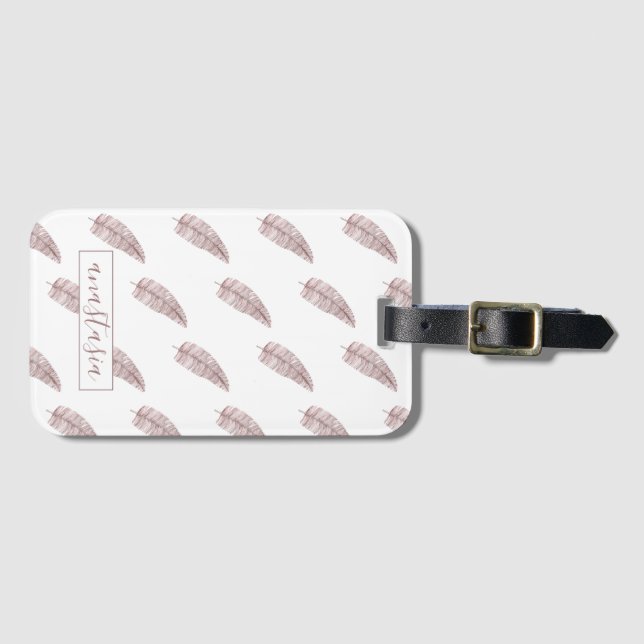 Étiquette À Bagage Fille rose Monogramme Plumes Motif (Devant Horizontal)