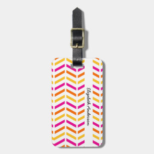 Étiquette À Bagage Fille Rose Orange Jaune Chevron Grilles Avec Nom