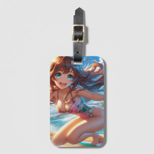 Étiquette À Bagage Fille surfeuse d'anime côtier/nautique/tropical