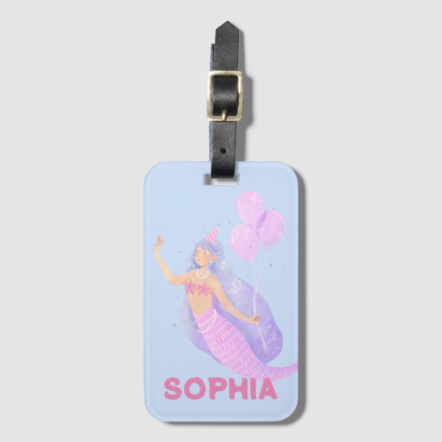 Étiquette À Bagage Filles mignonne Sirène rose Nom Enfants personnali (Devant Vertical)