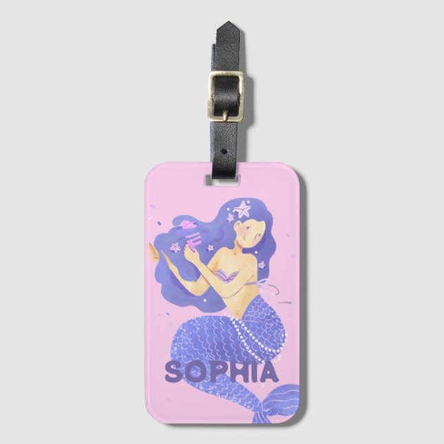 Étiquette À Bagage Filles mignonnes mauve Nom de la sirène Personnali (Devant Vertical)
