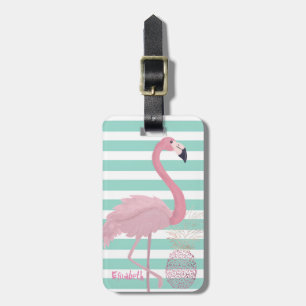 Étiquette À Bagage Flamant Rose Féminin, Rayures Blanches Menthe Anan