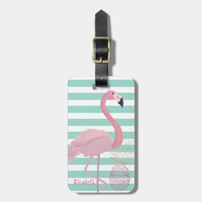 Étiquette À Bagage Flamant Rose Féminin, Rayures Blanches Menthe Anan (Devant Vertical)