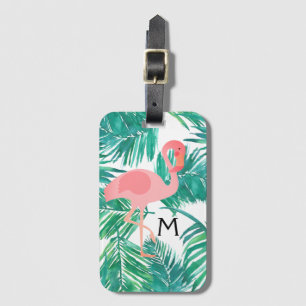 Étiquette À Bagage flamant rose monogramme sur feuilles tropicaux