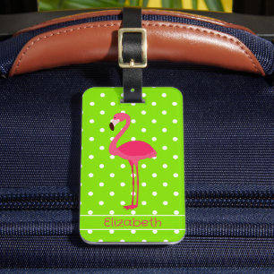 Étiquette À Bagage Flamant rose Pointe rose et vert Polka Personnalis