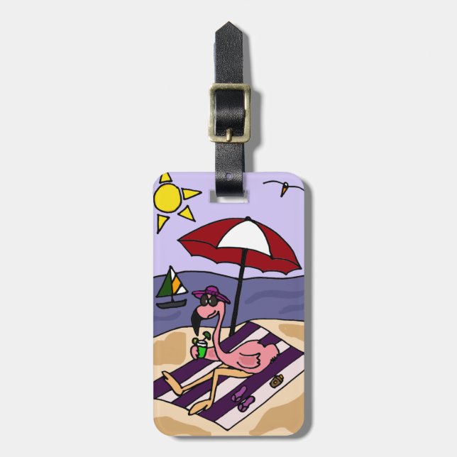 Étiquette À Bagage Flamant rose rose drôle à la plage (Devant Vertical)