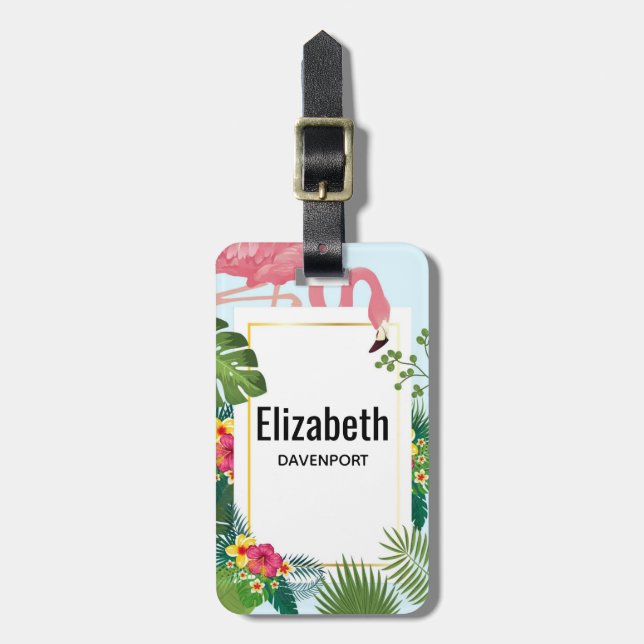Étiquette À Bagage Flamant rose rose élégant et Feuilles tropicaux (Devant Vertical)