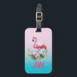 Étiquette À Bagage Flamant rose rose mignon sur Arrière - plan de Gli<br><div class="desc">Illustration de l'aquarelle des flamants roses mignons sur arrière - plan rose et bleu glittery.</div>