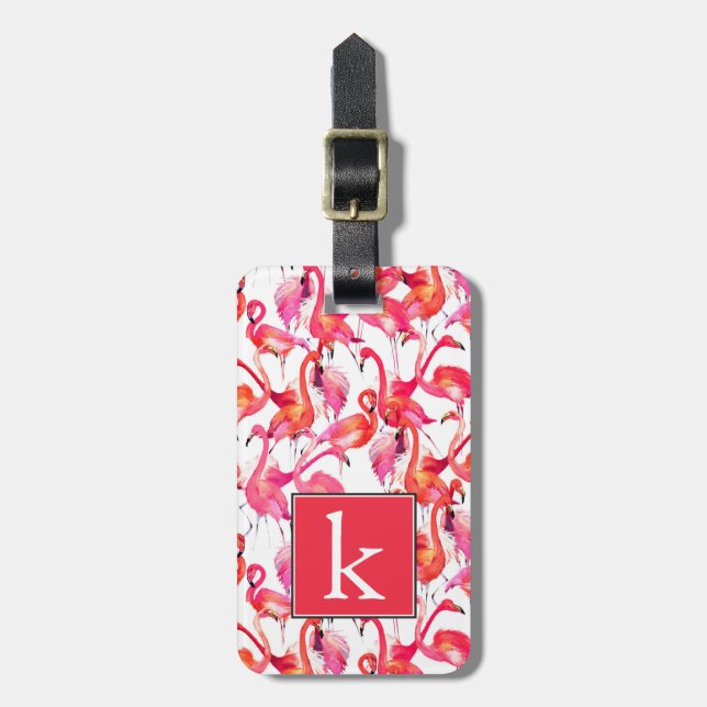 Étiquette À Bagage Flamants roses d'aquarelle dans le monogramme des (Devant Vertical)