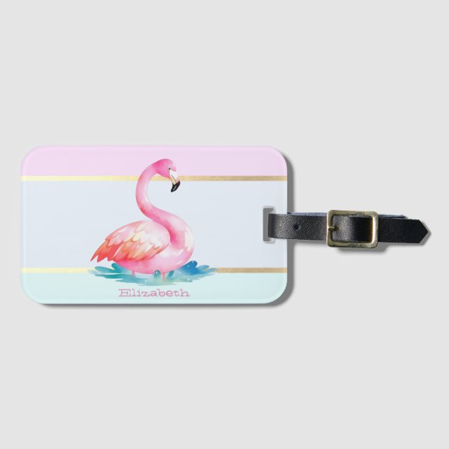 Étiquette À Bagage Flamants roses pastel modernes rayés (Devant Horizontal)