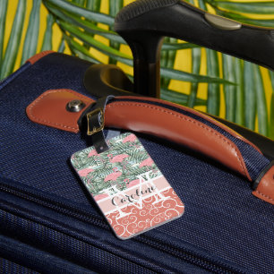 Étiquette À Bagage Flamants roses personnalisés motif feuilles de pal