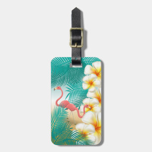 Étiquette À Bagage Flamants roses sur une plage tropicale Turquoise