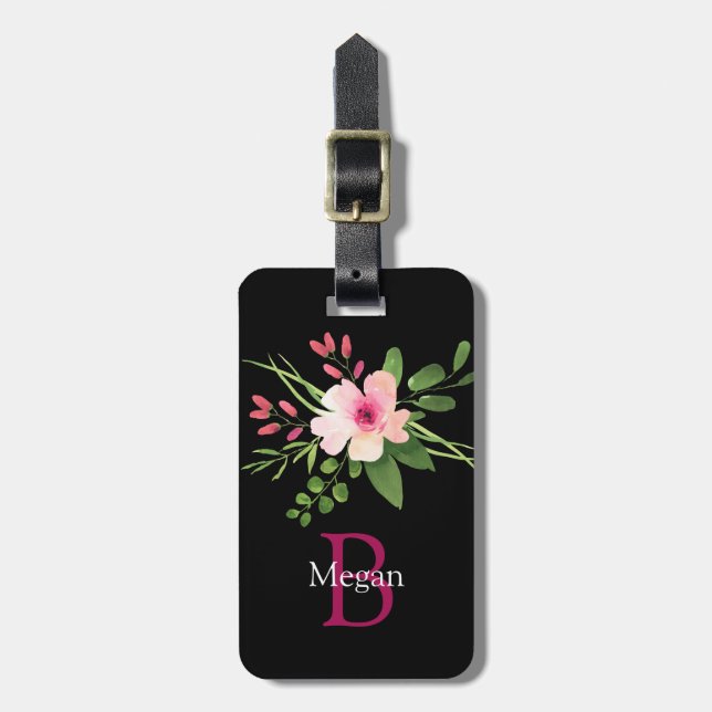 Étiquette À Bagage Fleur aquarelle, nom & monogramme, infos (Devant Vertical)
