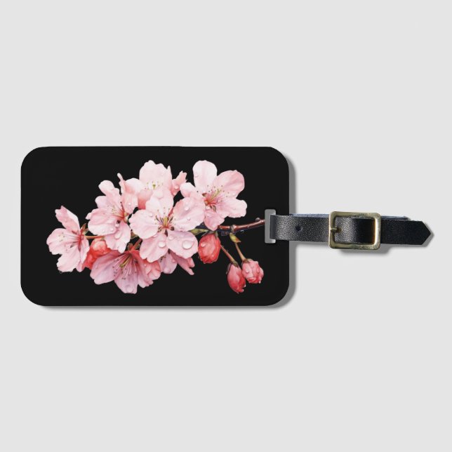 Étiquette À Bagage Fleur de cerisier rose noir féminin (Devant Horizontal)
