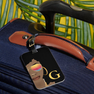 Étiquette À Bagage Fleur de femme noire dans les cheveux, Monogramme,