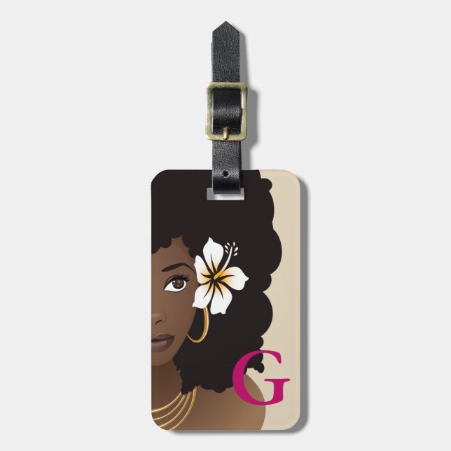 Étiquette À Bagage Fleur de femme noire dans les cheveux, Monogramme, (Devant Vertical)