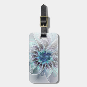 Étiquette À Bagage Fleur de fractale moderne abstraite avec du bleu