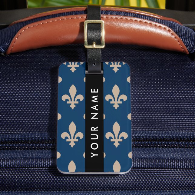 Étiquette À Bagage Fleur de Lis, Beige on Navy Blue, Royal, Your Name (Insitu Rectoal 2)