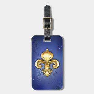 Étiquette À Bagage Fleur de Lis dorée sur fond bleu