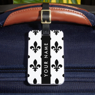 Étiquette À Bagage Fleur de Lis, Noir sur Blanc, Noir, Votre Nom