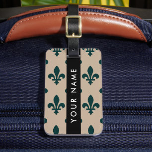 Étiquette À Bagage Fleur de Lis, Vert sur Beige, Royal, Votre Nom
