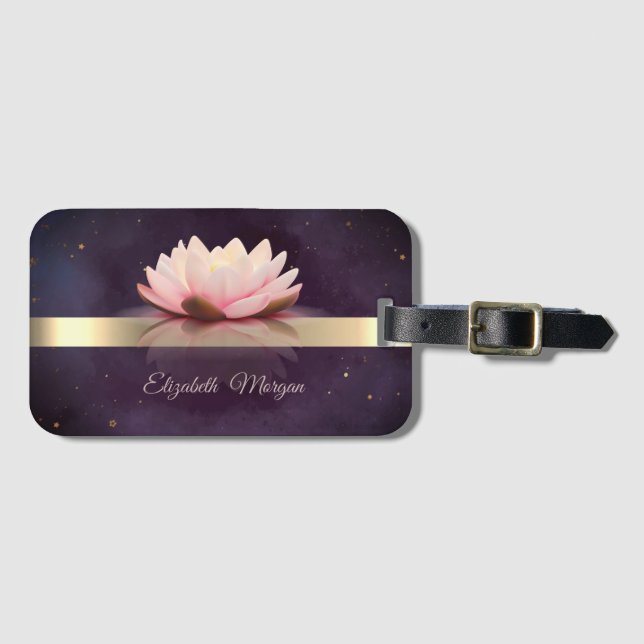 Étiquette À Bagage Fleur de lotus à rayure dorée Boho (Devant Horizontal)