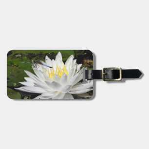 Étiquette À Bagage Fleur de Lotus blanc et libellule bleue