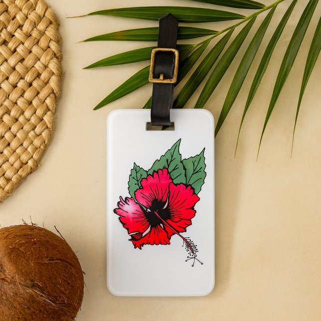 Étiquette À Bagage Fleur d'Hibiscus Rouge Tropical avec Feuilles Vert (Créateur téléchargé)