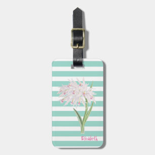 Étiquette À Bagage Fleur Féminine Sur Rayures Blanches Menthe